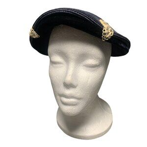 Vintage 1960s Navy Blue Velvet & Straw Hat with Gold Embellishments Adjustable